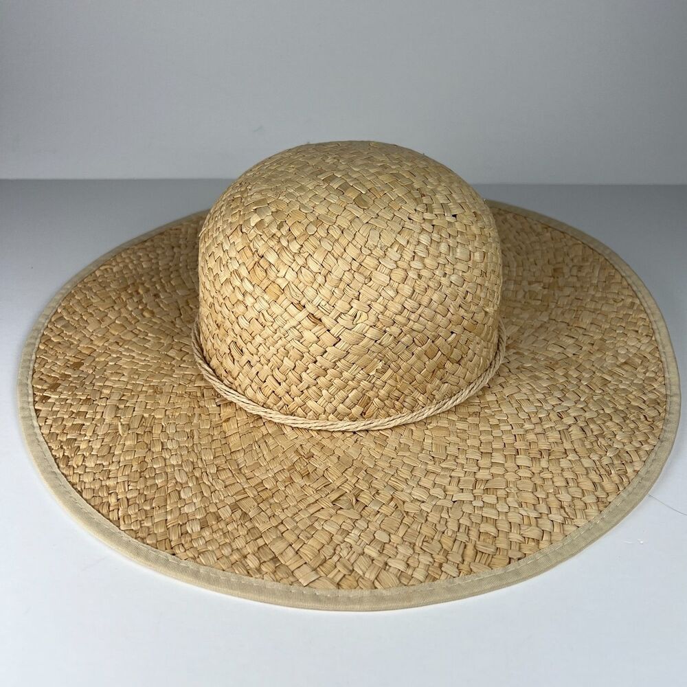 Natural Raffia Straw Sun Hat Wide Brim Bow Accent Beach Womens Cap Garden Sz 7 - Picture 2 of 11